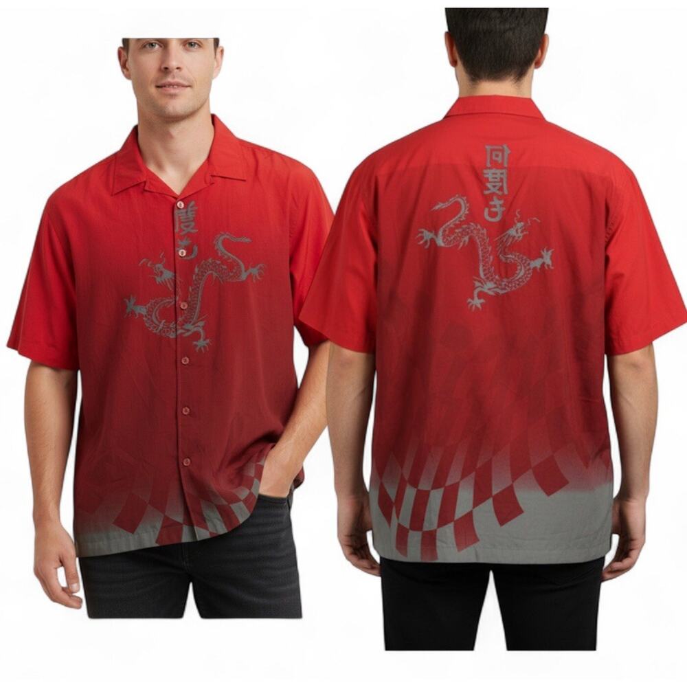 Vtg Y2K 2000s Red Button Up Dragon Shirt XL No Boundaries Metal Skater Tribal